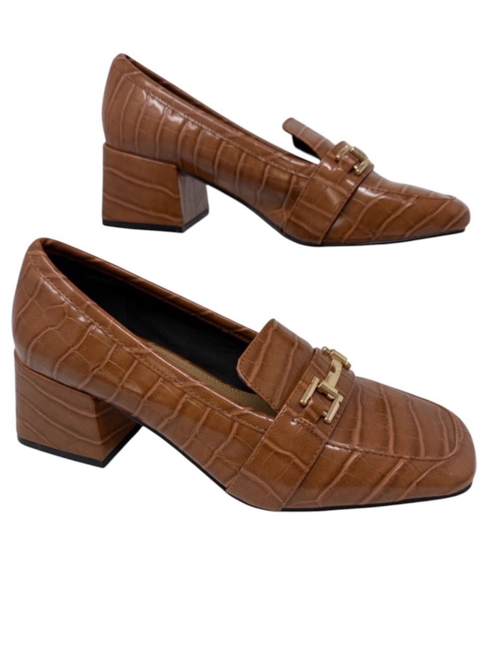 ASOS Tan Stir-Up Croc-Embossed Block Heel Loafers with Gold Tone Buckle Size 5